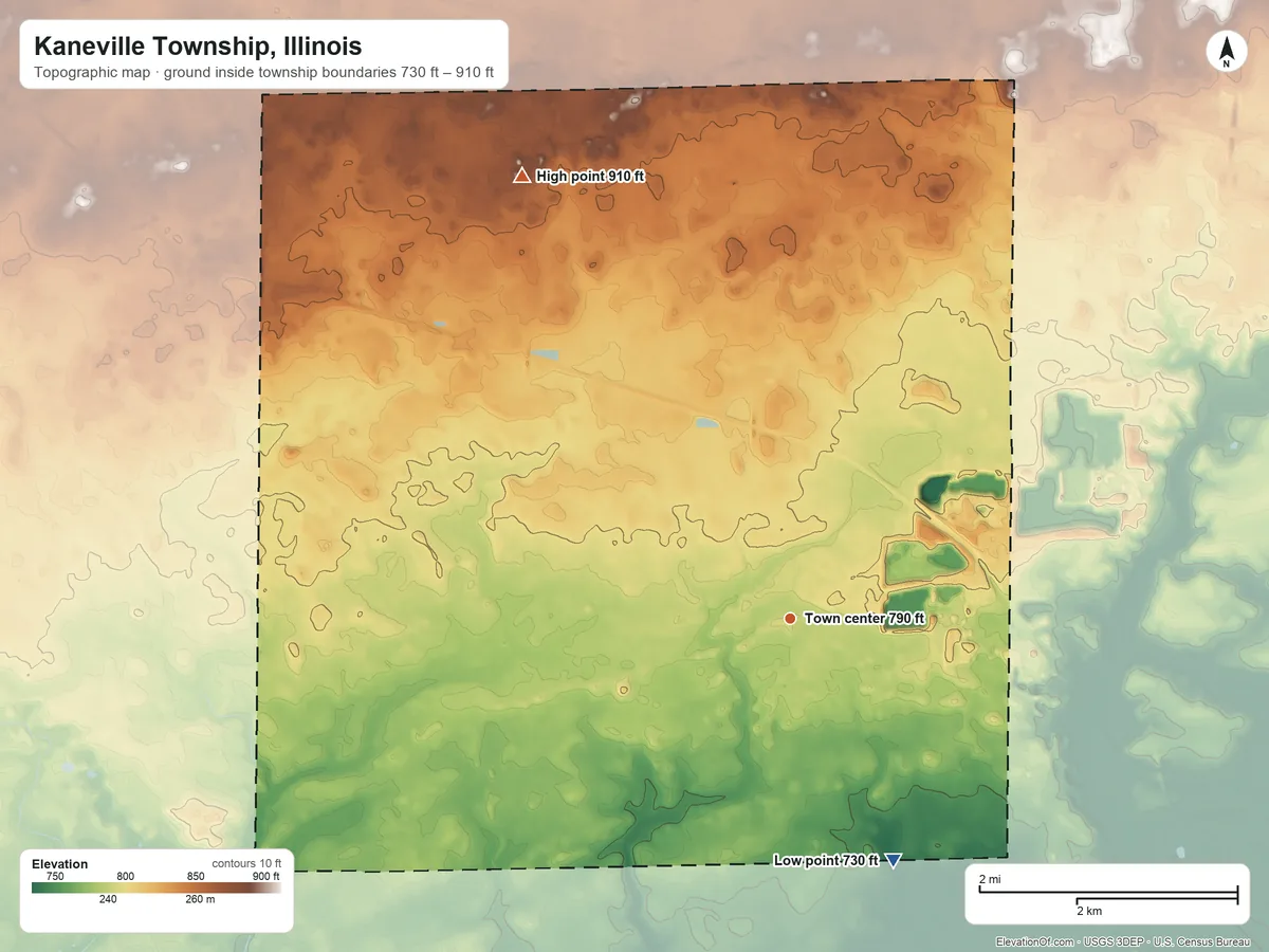Topographic elevation map of Kaneville Township, Illinois, shaded from 730 ft on the southeast side to 910 ft on the northwest side