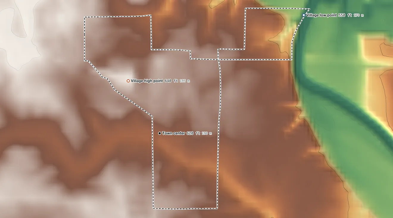 Topographic elevation map of Kangley, Illinois, shaded from 550 ft on the northeast side to 640 ft on the northwest side