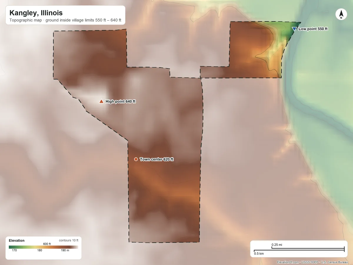 Topographic elevation map of Kangley, Illinois, shaded from 550 ft on the northeast side to 640 ft on the northwest side