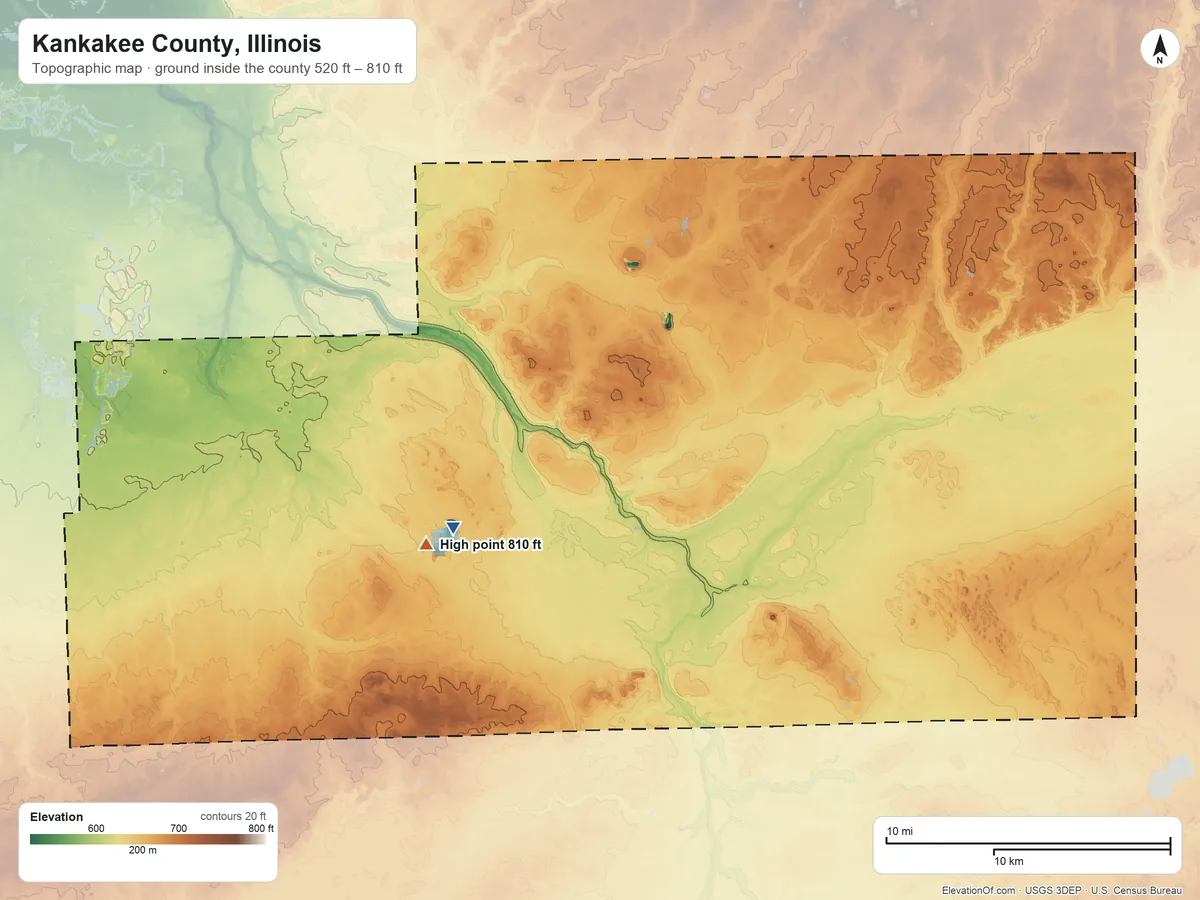 Topographic elevation map of Kankakee County, Illinois, shaded from 520 ft on the southwest side to 810 ft on the southwest side