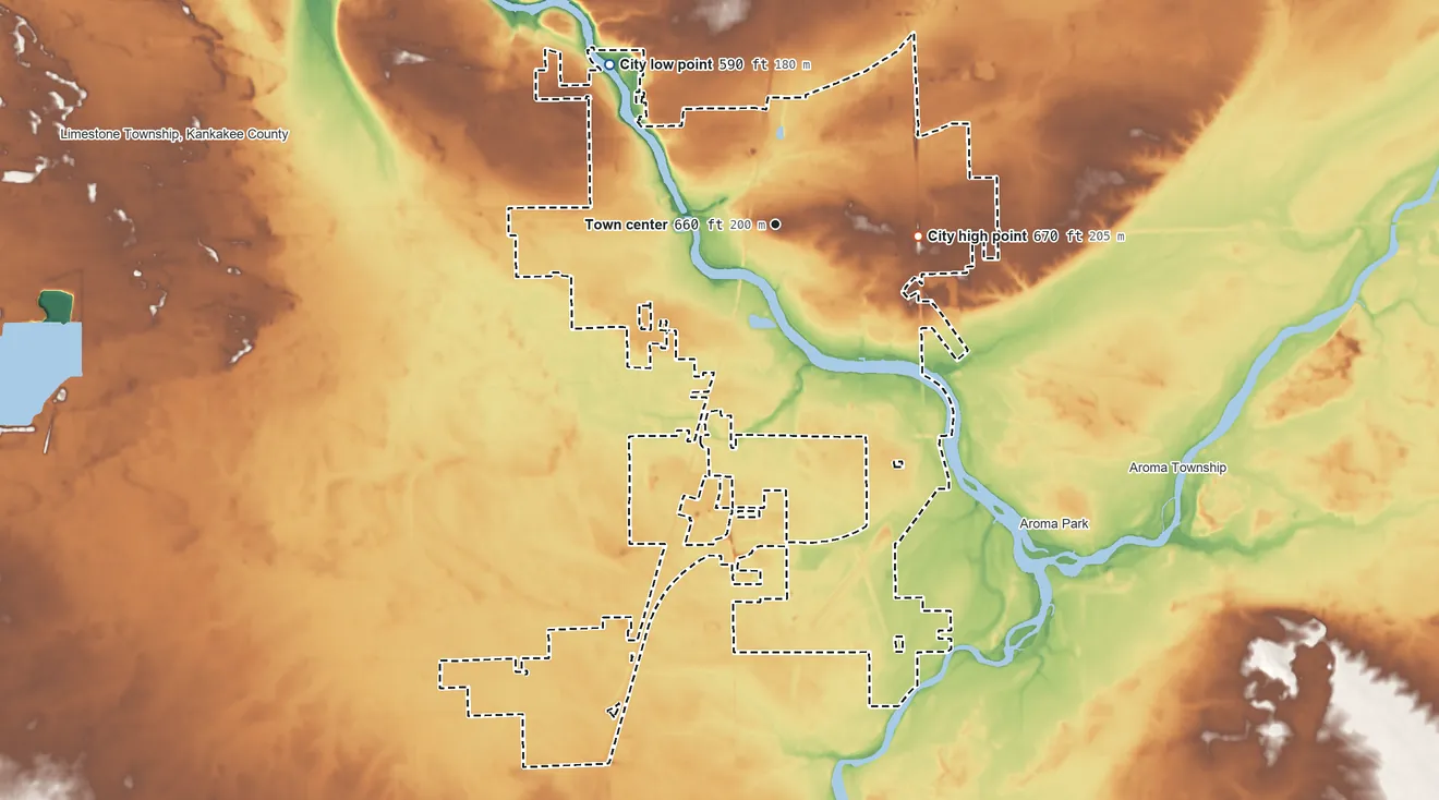 Topographic elevation map of Kankakee, Illinois, shaded from 590 ft on the northwest side to 670 ft on the east side