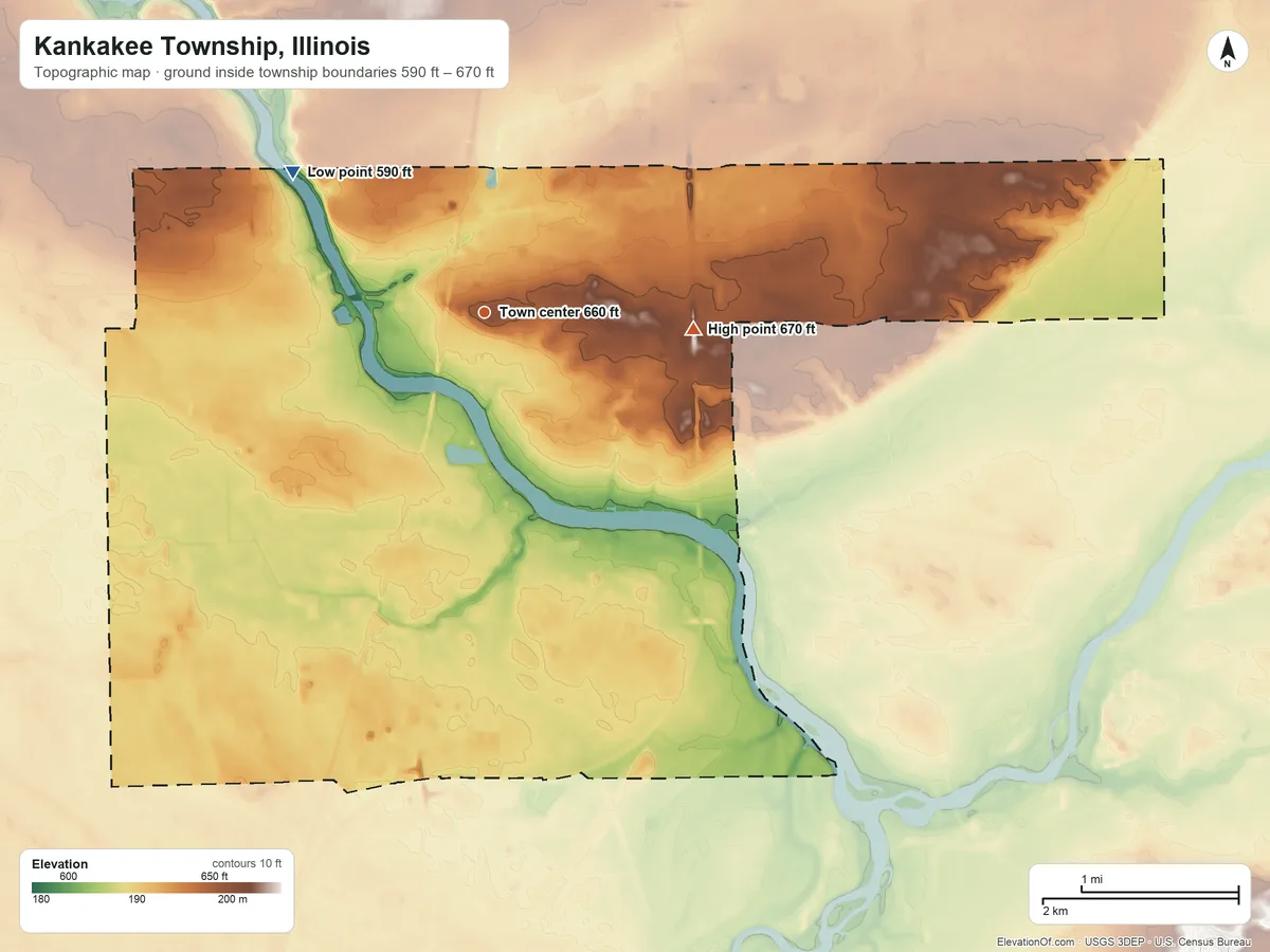 Topographic elevation map of Kankakee Township, Illinois, shaded from 590 ft on the northwest side to 670 ft on the east side