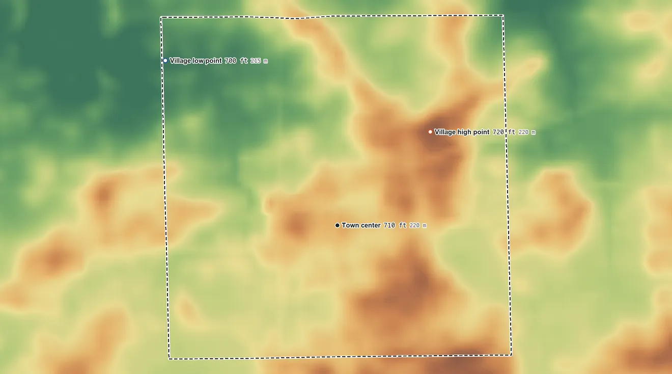 Topographic elevation map of Kansas, Illinois, shaded from 700 ft on the northwest side to 720 ft on the northeast side