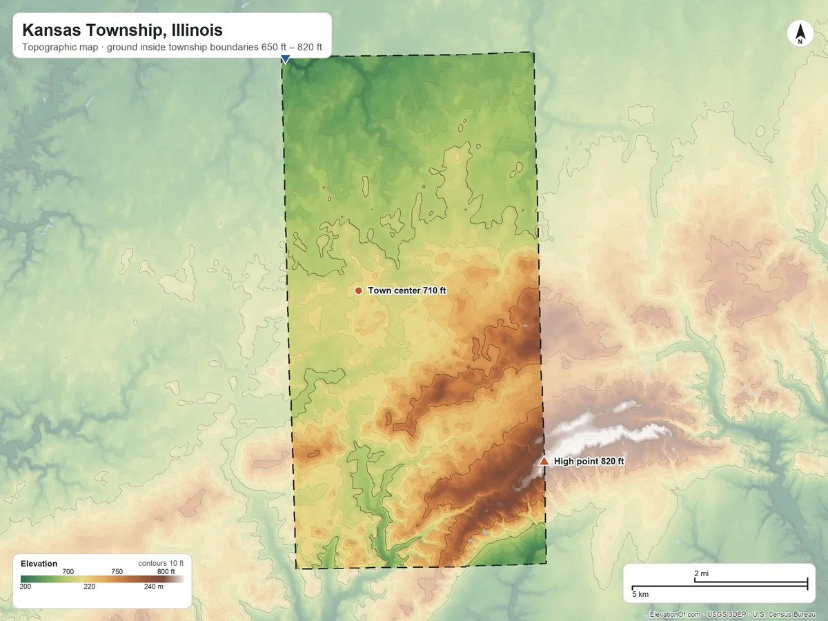 Topographic elevation map of Kansas Township, Illinois, shaded from 650 ft on the north side to 820 ft on the southeast side