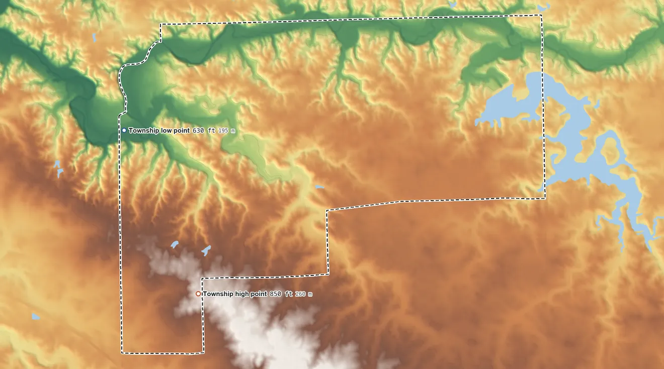 Topographic elevation map of Kansas Township, Woodford County, Illinois, shaded from 630 ft on the west side to 850 ft on the southwest side
