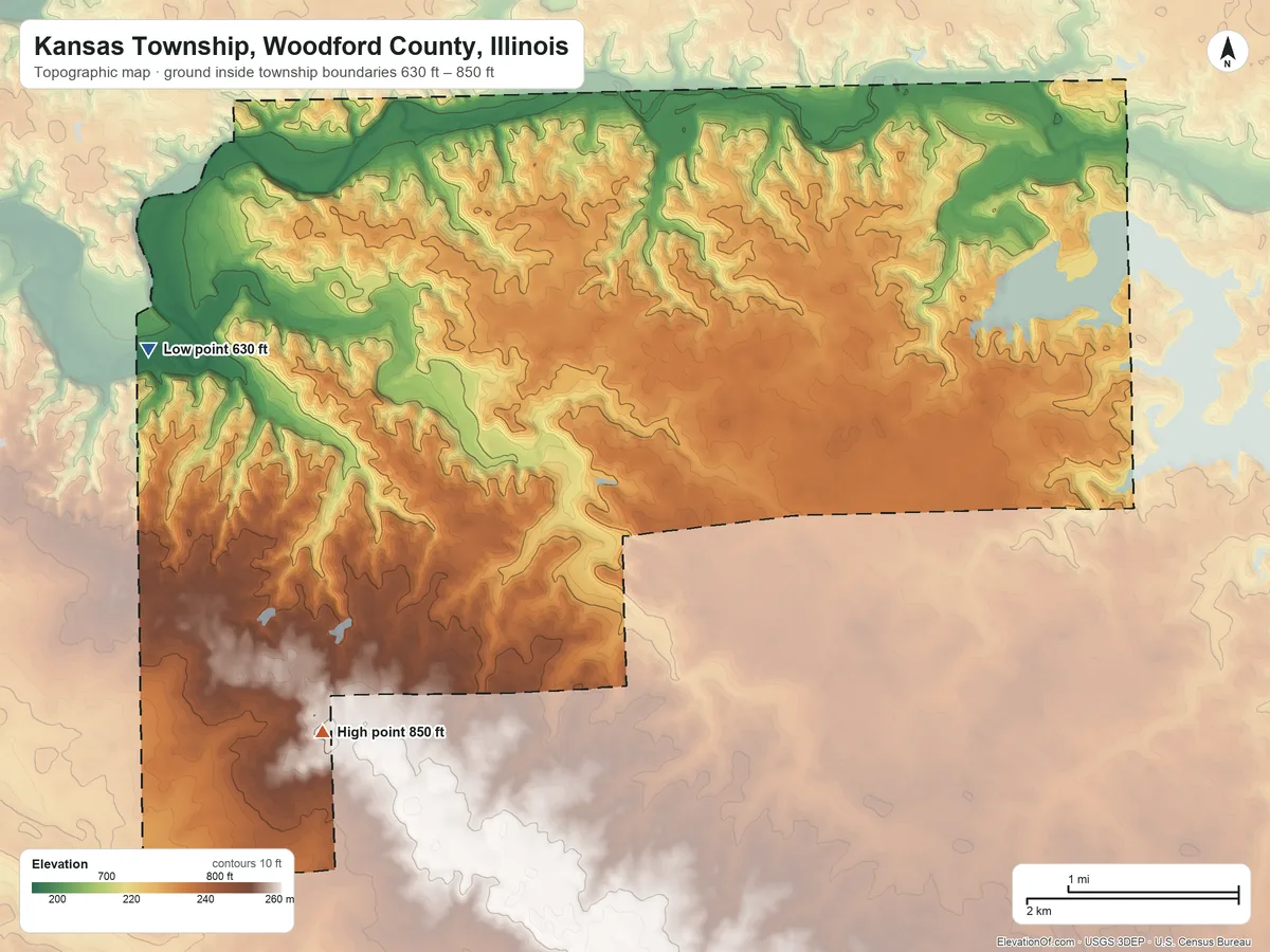 Topographic elevation map of Kansas Township, Woodford County, Illinois, shaded from 630 ft on the west side to 850 ft on the southwest side