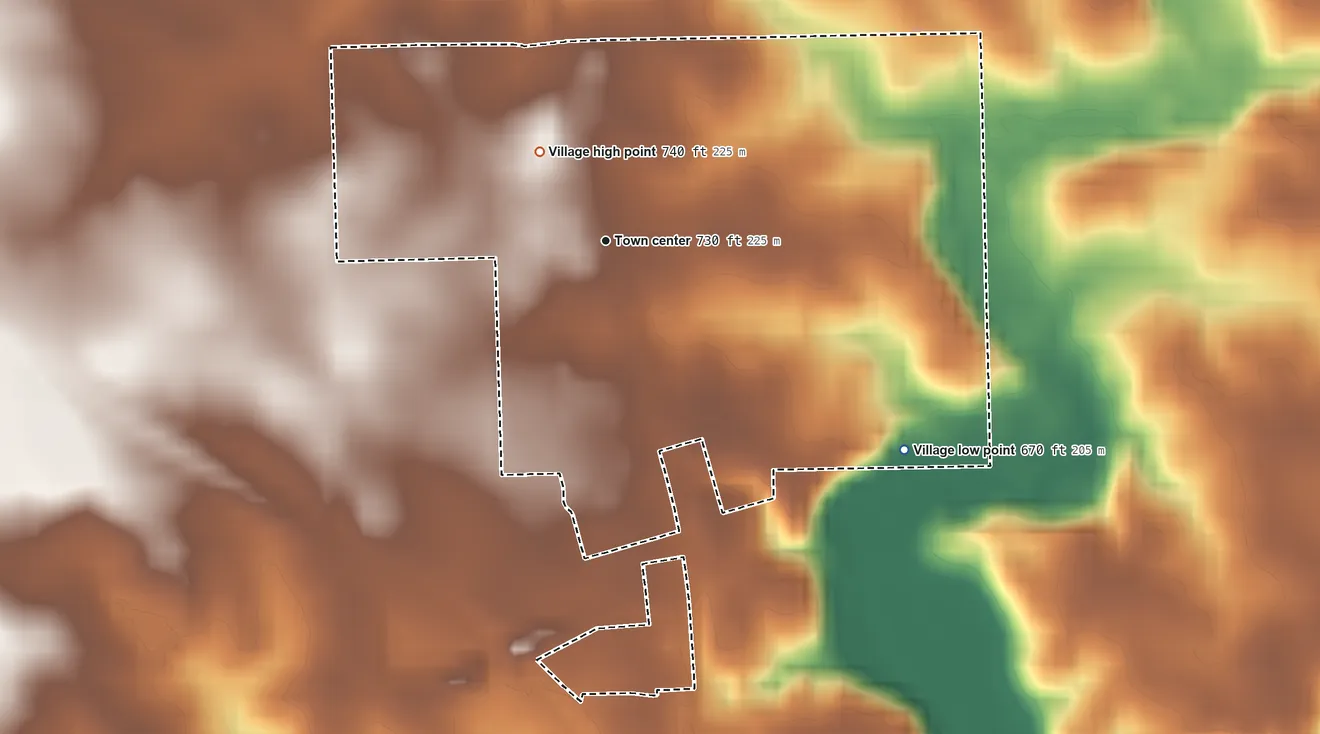 Topographic elevation map of Kappa, Illinois, shaded from 670 ft on the southeast side to 740 ft on the northwest side