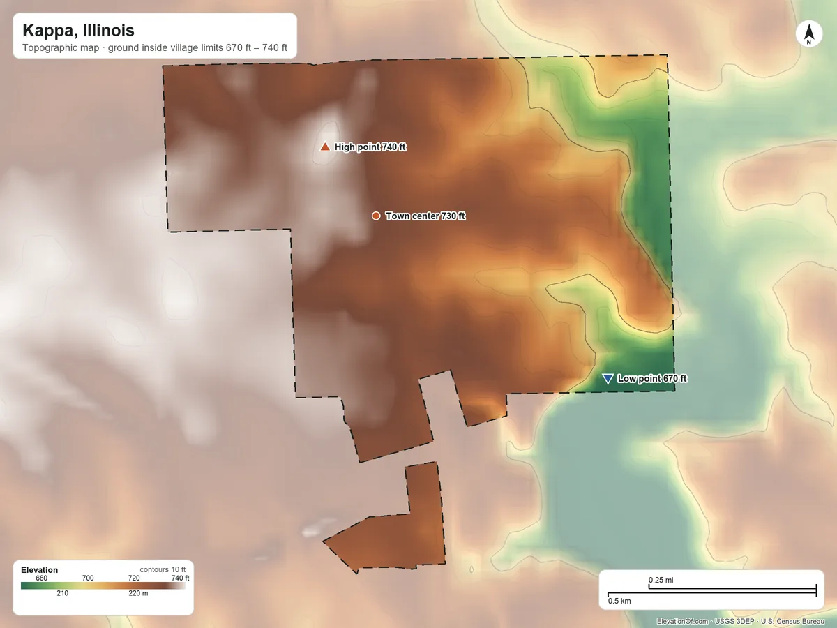 Topographic elevation map of Kappa, Illinois, shaded from 670 ft on the southeast side to 740 ft on the northwest side