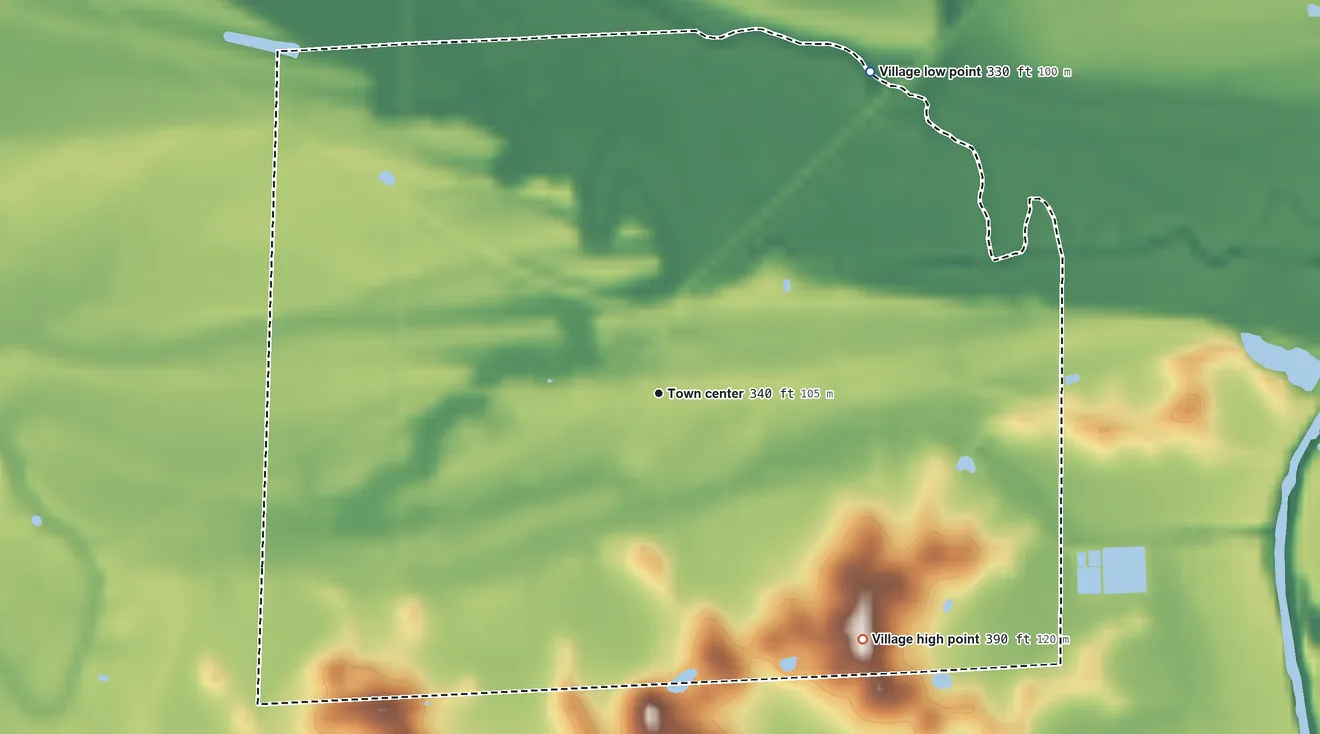 Topographic elevation map of Karnak, Illinois, shaded from 330 ft on the northeast side to 390 ft on the southeast side