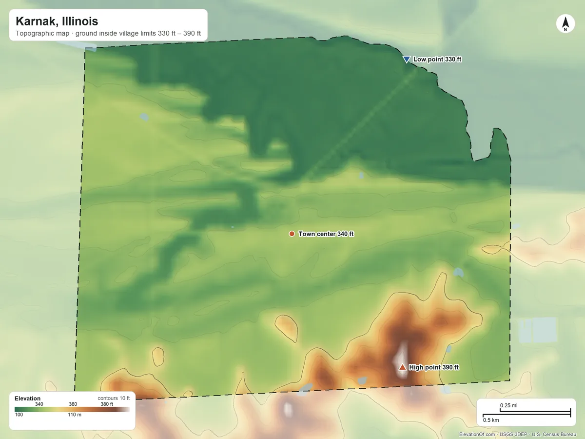 Topographic elevation map of Karnak, Illinois, shaded from 330 ft on the northeast side to 390 ft on the southeast side