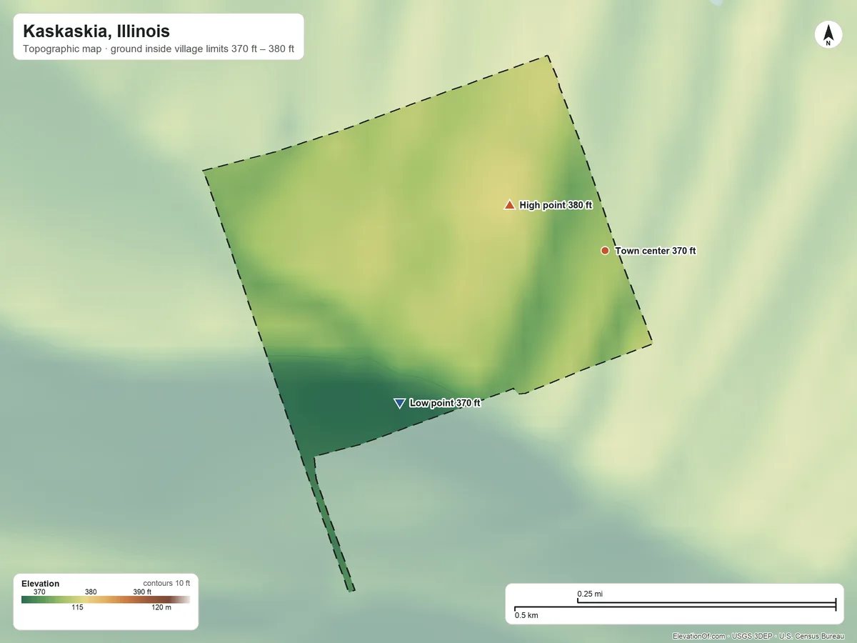 Topographic elevation map of Kaskaskia, Illinois, shaded from 370 ft on the southwest side to 380 ft on the northwest side