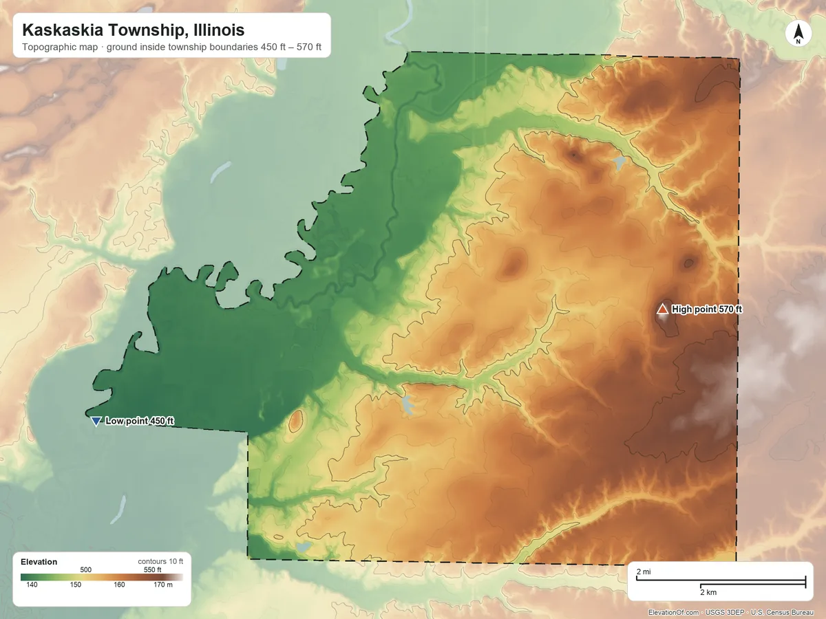Topographic elevation map of Kaskaskia Township, Illinois, shaded from 450 ft on the west side to 570 ft on The Mound