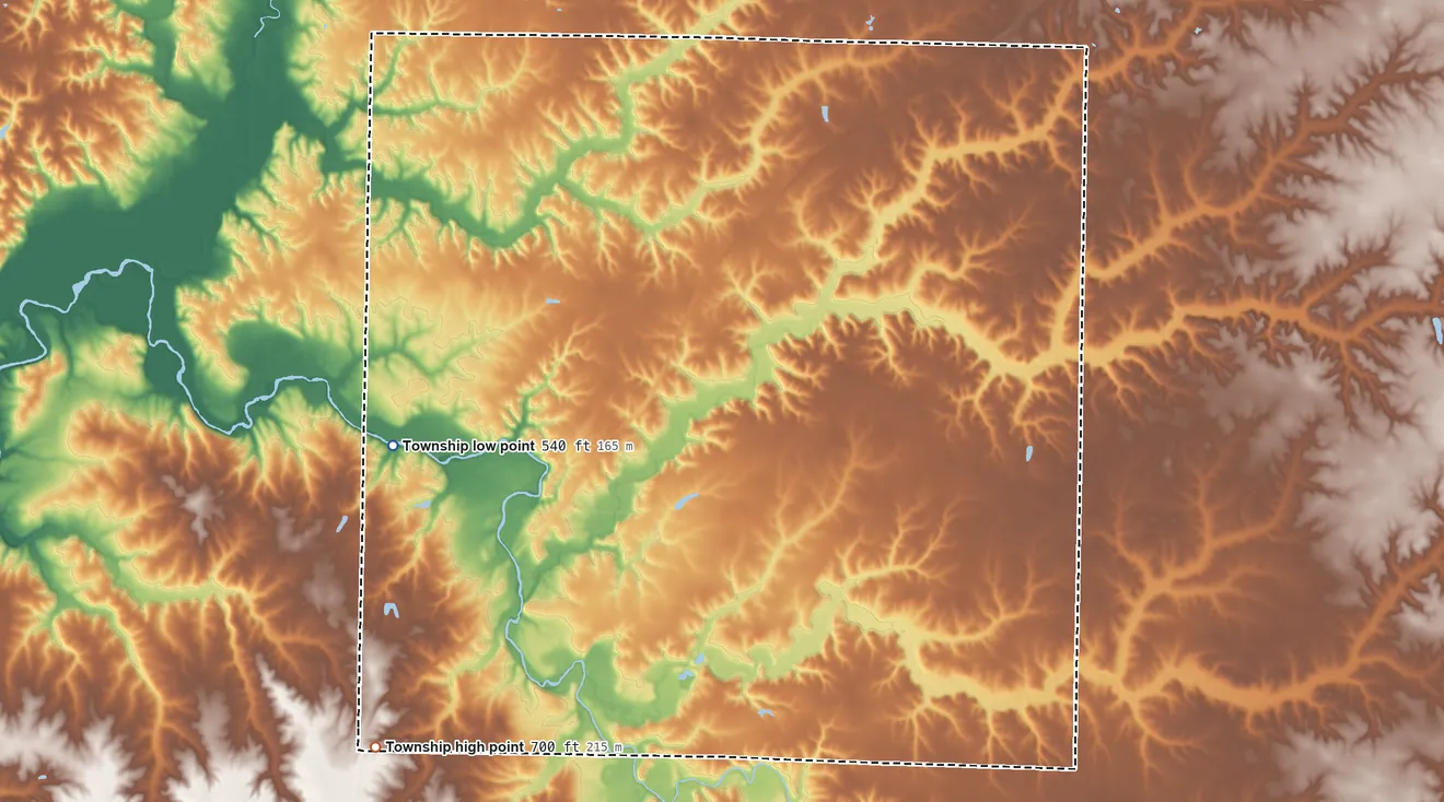 Topographic elevation map of Keene Township, Illinois, shaded from 540 ft on the west side to 700 ft on the southwest side