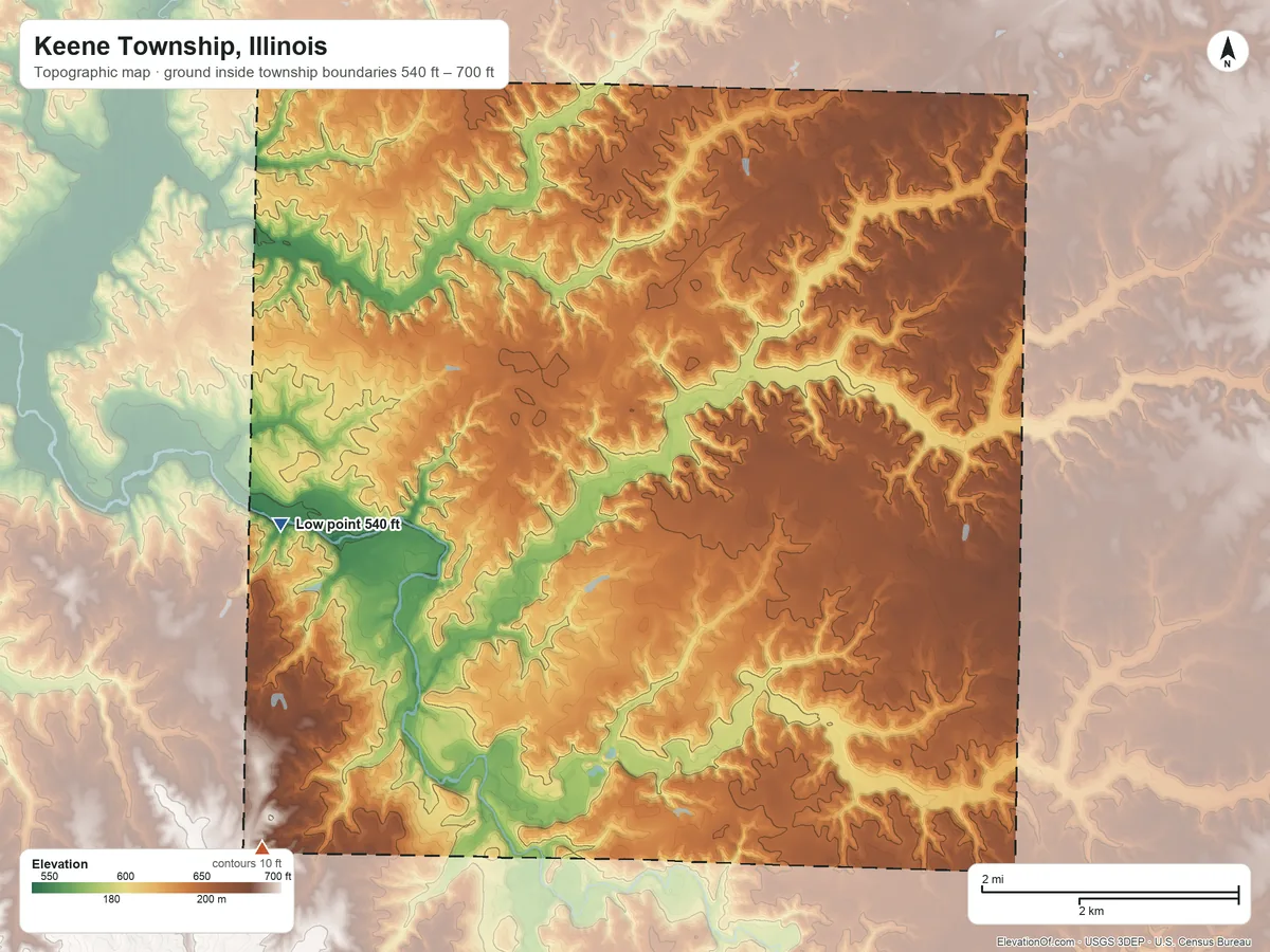 Topographic elevation map of Keene Township, Illinois, shaded from 540 ft on the west side to 700 ft on the southwest side