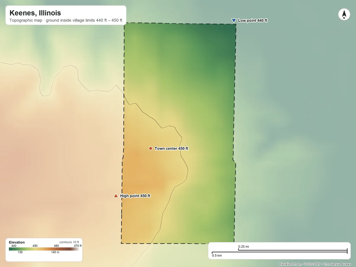 Topographic elevation map of Keenes, Illinois, shaded from 440 ft on the northeast side to 450 ft on the southwest side