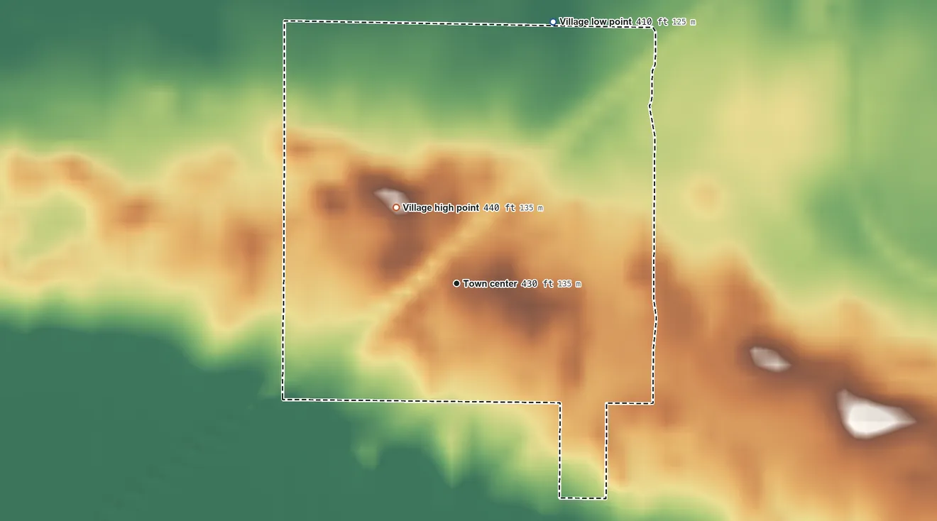 Topographic elevation map of Keensburg, Illinois, shaded from 410 ft on the north side to 440 ft on the northwest side