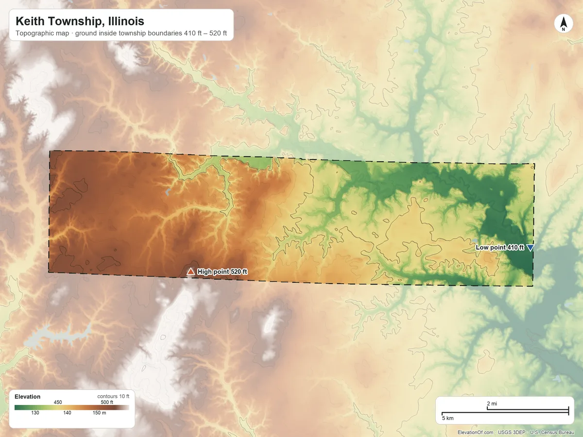 Topographic elevation map of Keith Township, Illinois, shaded from 410 ft on the east side to 520 ft on the west side