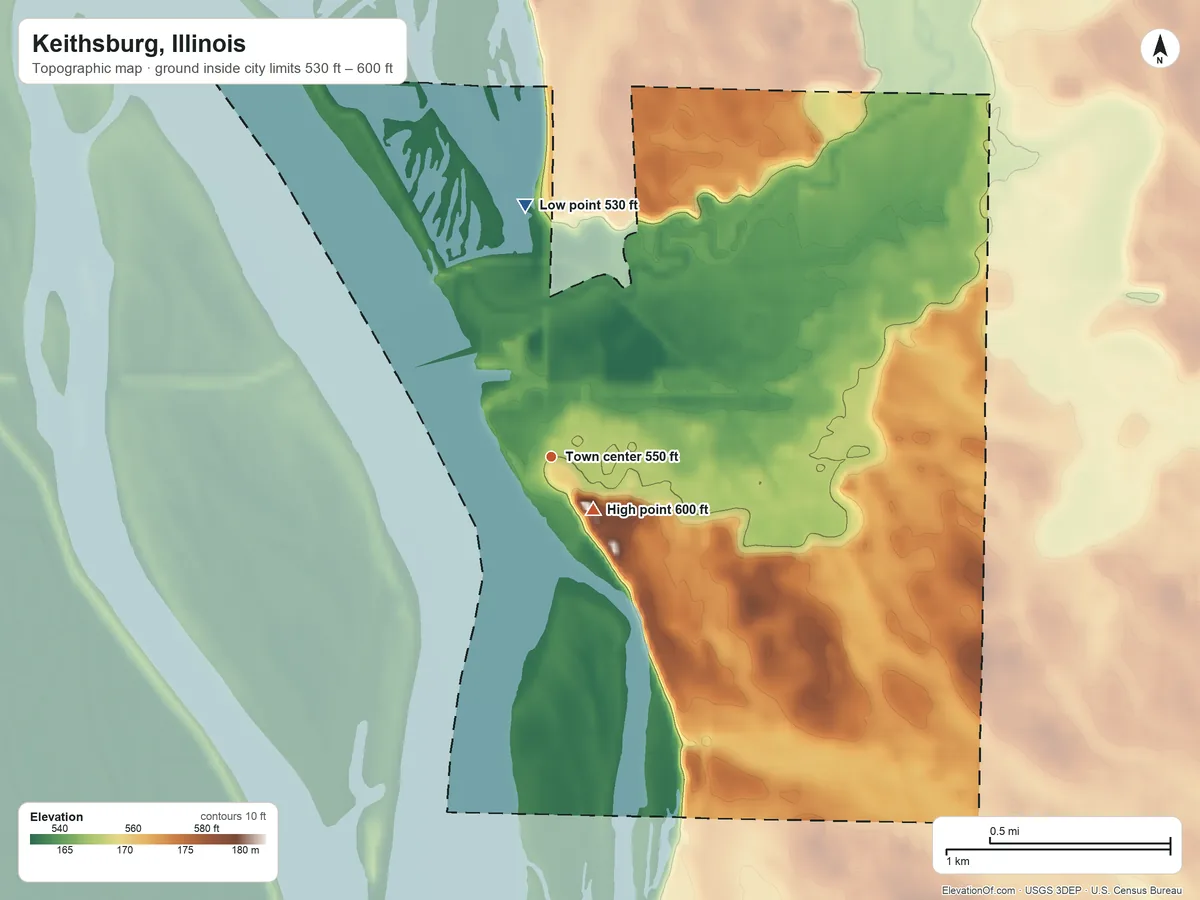 Topographic elevation map of Keithsburg, Illinois, shaded from 530 ft on the north side to 600 ft near the middle