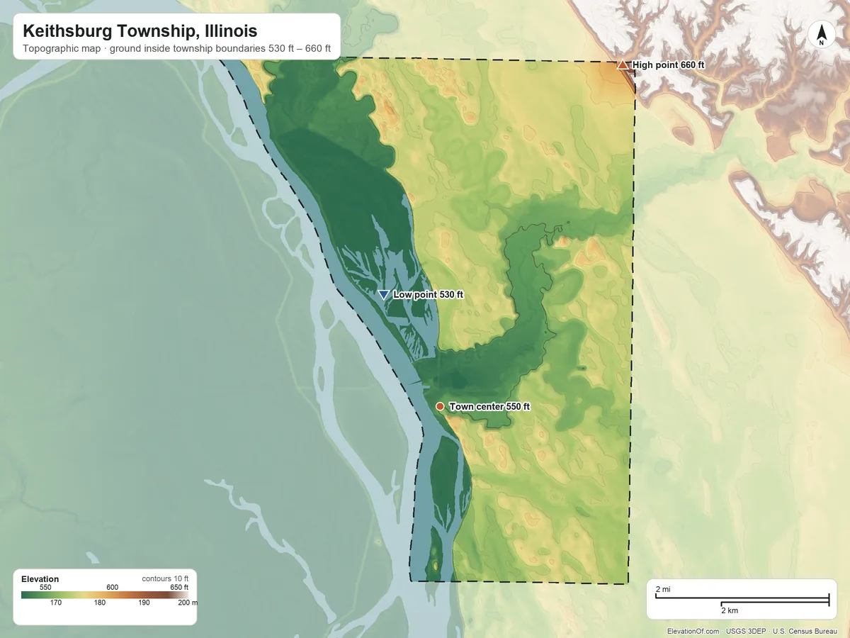 Topographic elevation map of Keithsburg Township, Illinois, shaded from 530 ft on the northwest side to 660 ft on the northeast side