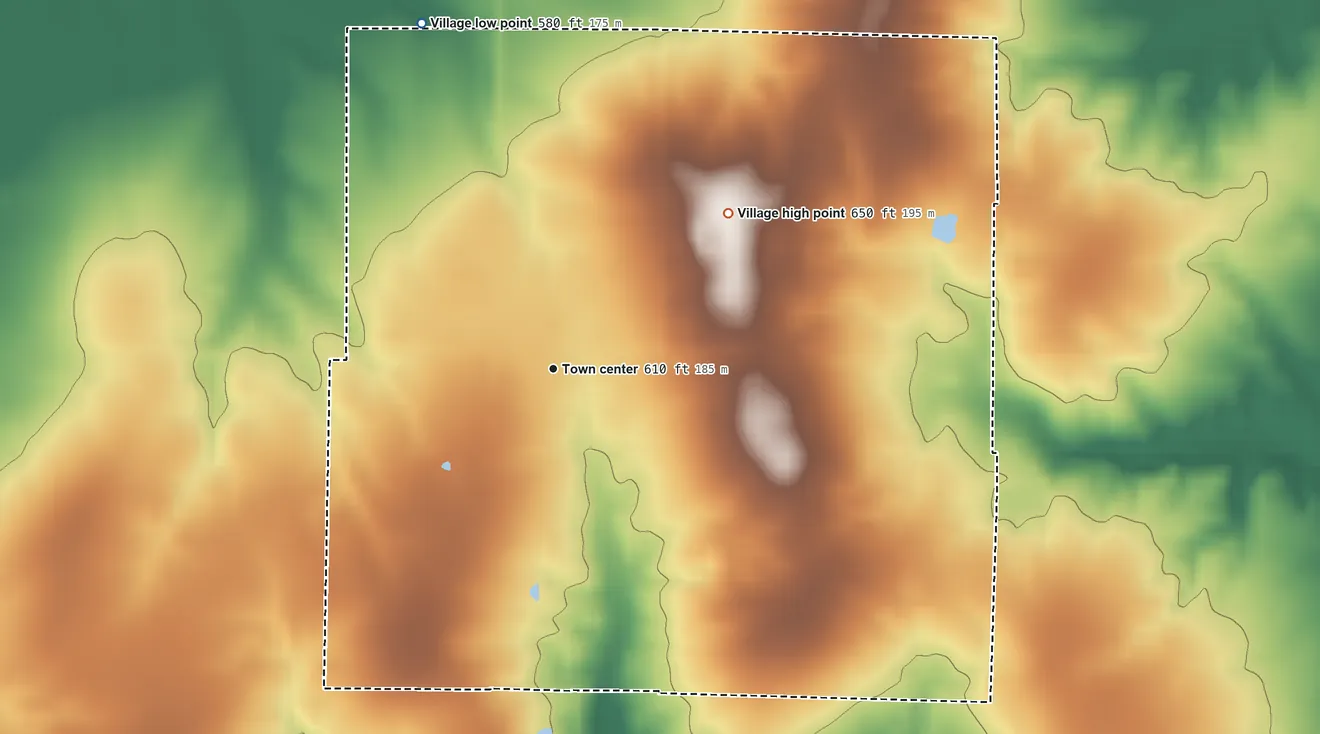 Topographic elevation map of Kell, Illinois, shaded from 580 ft on the north side to 650 ft on the northeast side