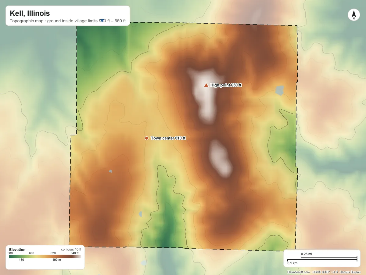 Topographic elevation map of Kell, Illinois, shaded from 580 ft on the north side to 650 ft on the northeast side
