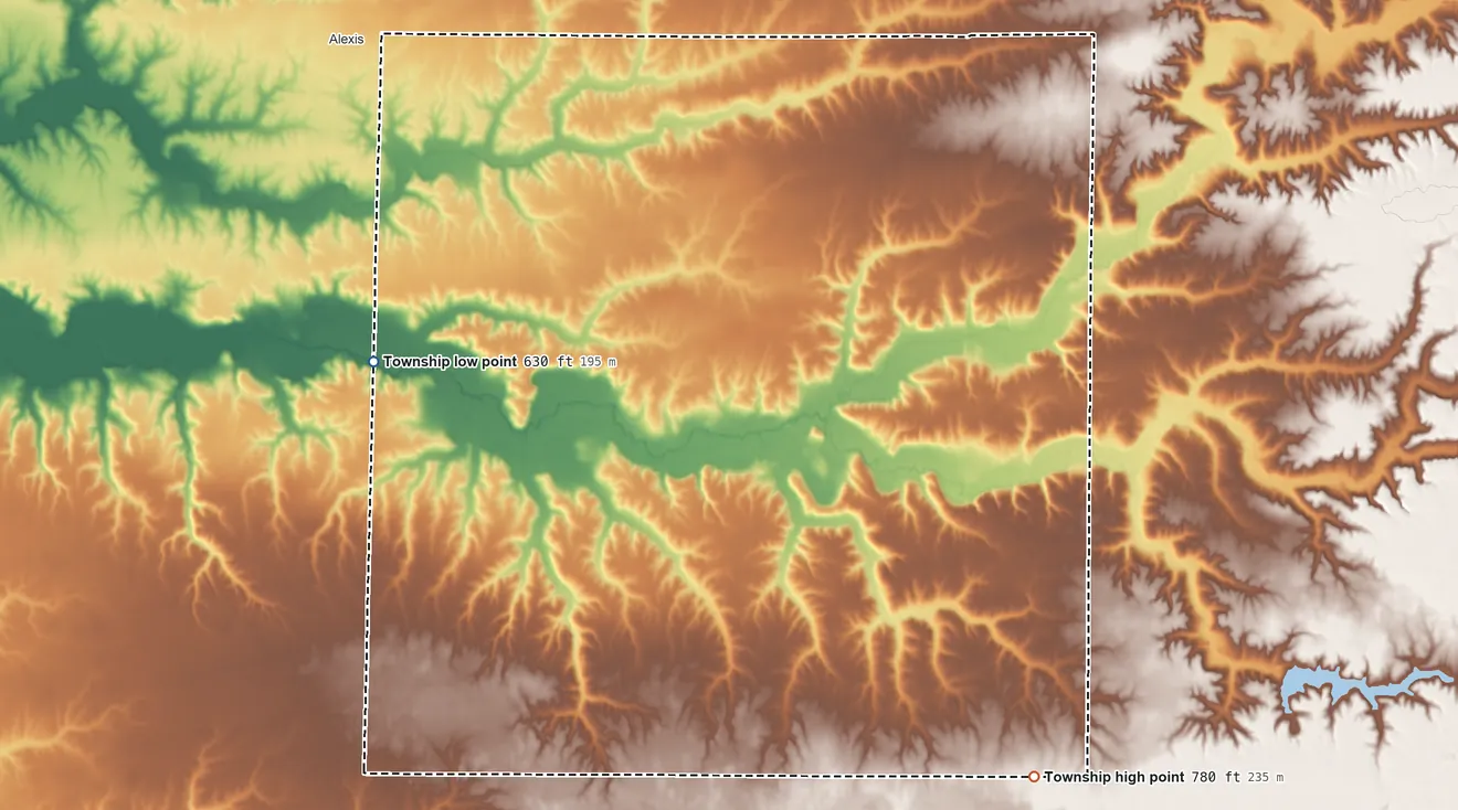 Topographic elevation map of Kelly Township, Illinois, shaded from 630 ft on the west side to 780 ft on the southeast side