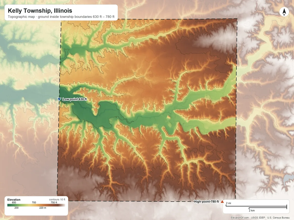 Topographic elevation map of Kelly Township, Illinois, shaded from 630 ft on the west side to 780 ft on the southeast side