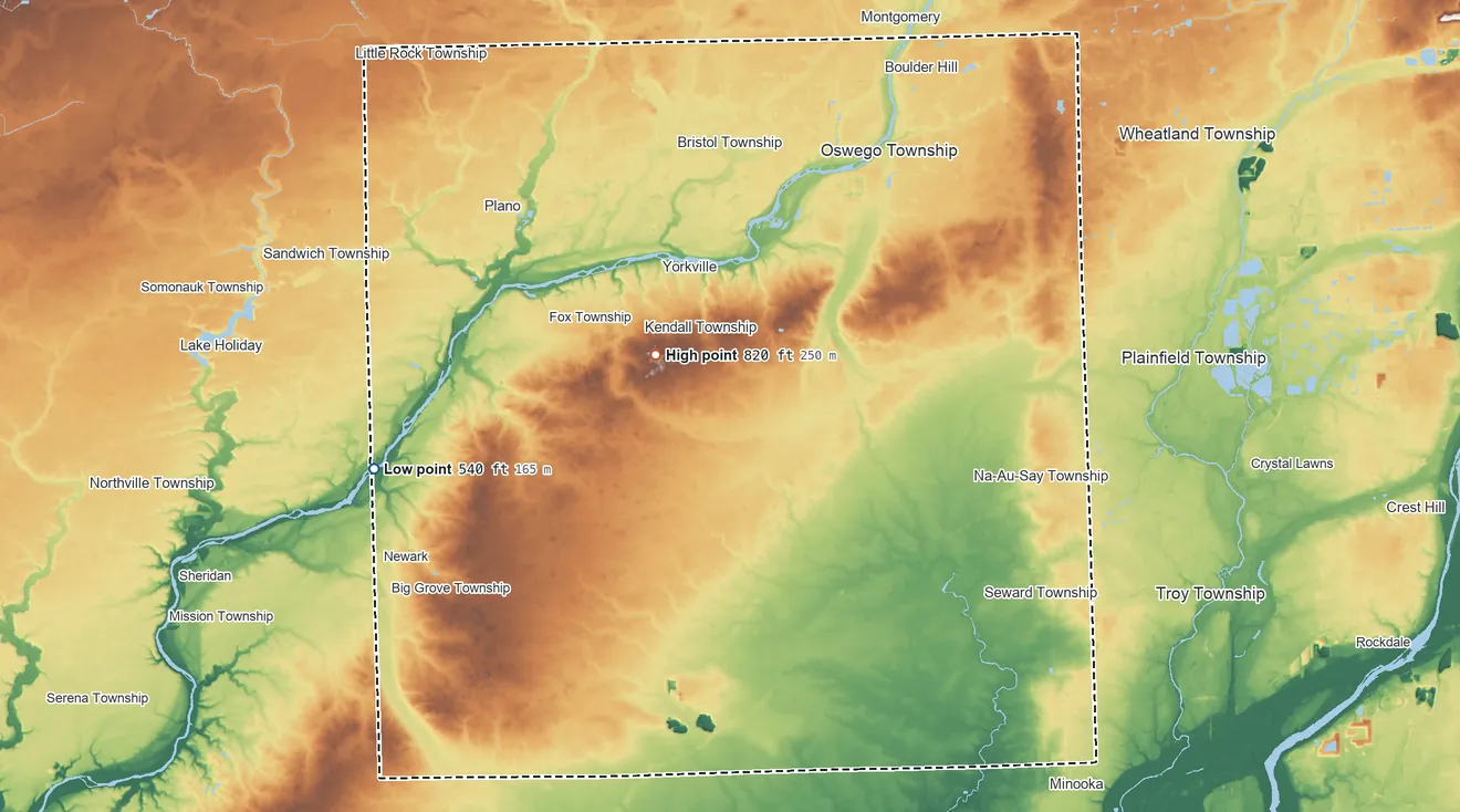 Topographic elevation map of Kendall County, Illinois, shaded from 540 ft on the west side to 820 ft near the middle