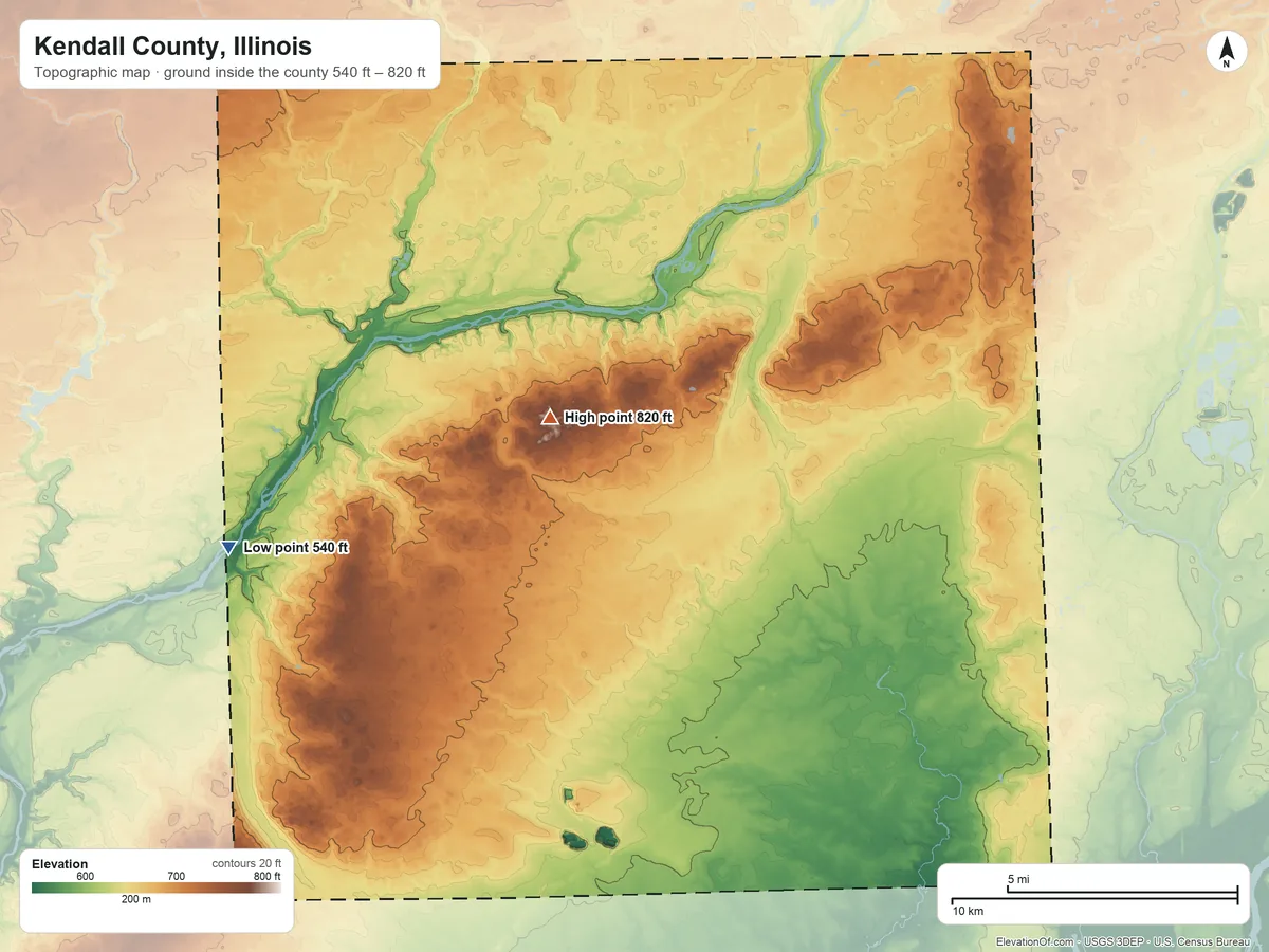 Topographic elevation map of Kendall County, Illinois, shaded from 540 ft on the west side to 820 ft near the middle