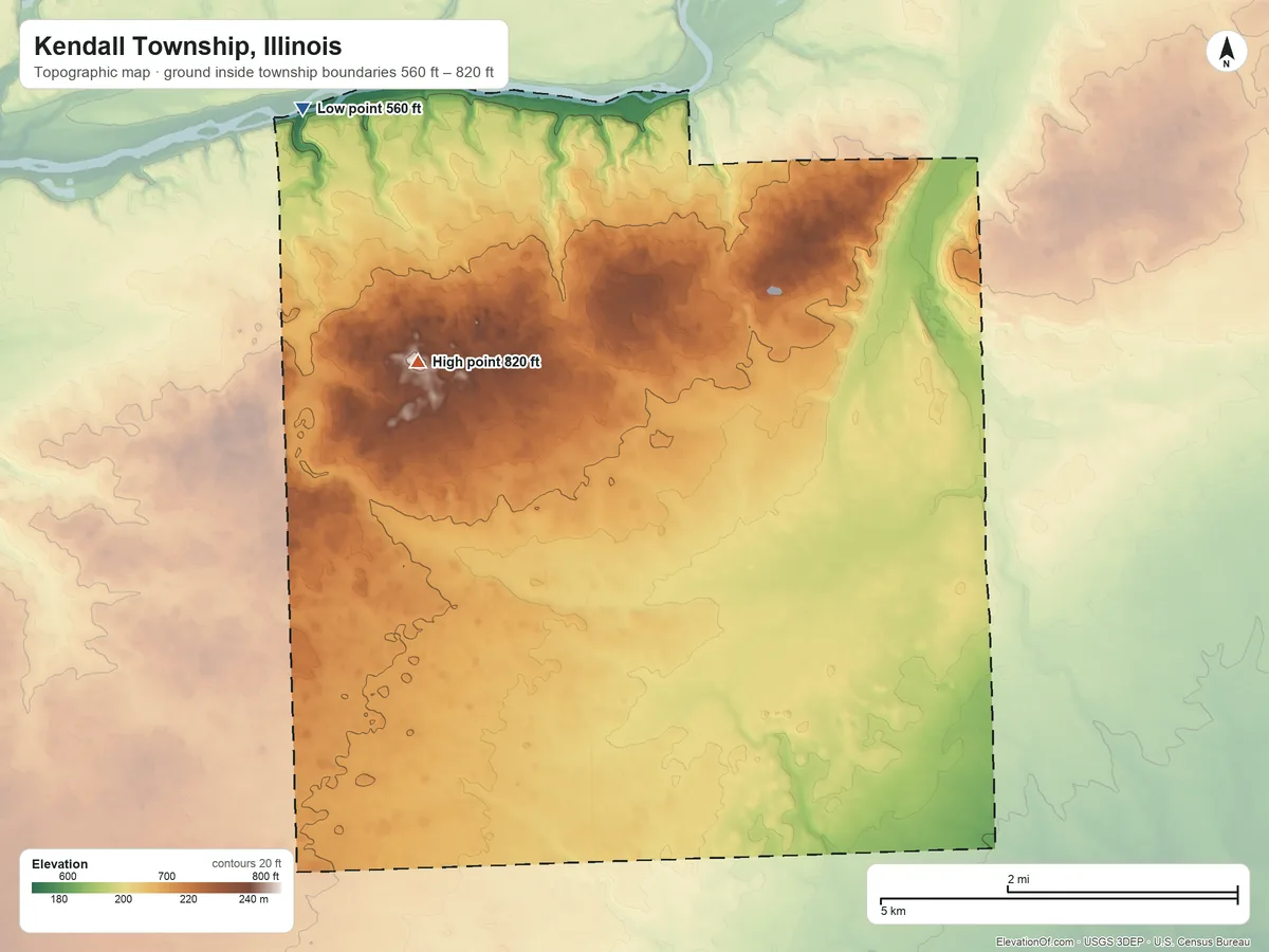 Topographic elevation map of Kendall Township, Illinois, shaded from 560 ft on the northwest side to 820 ft on the southwest side