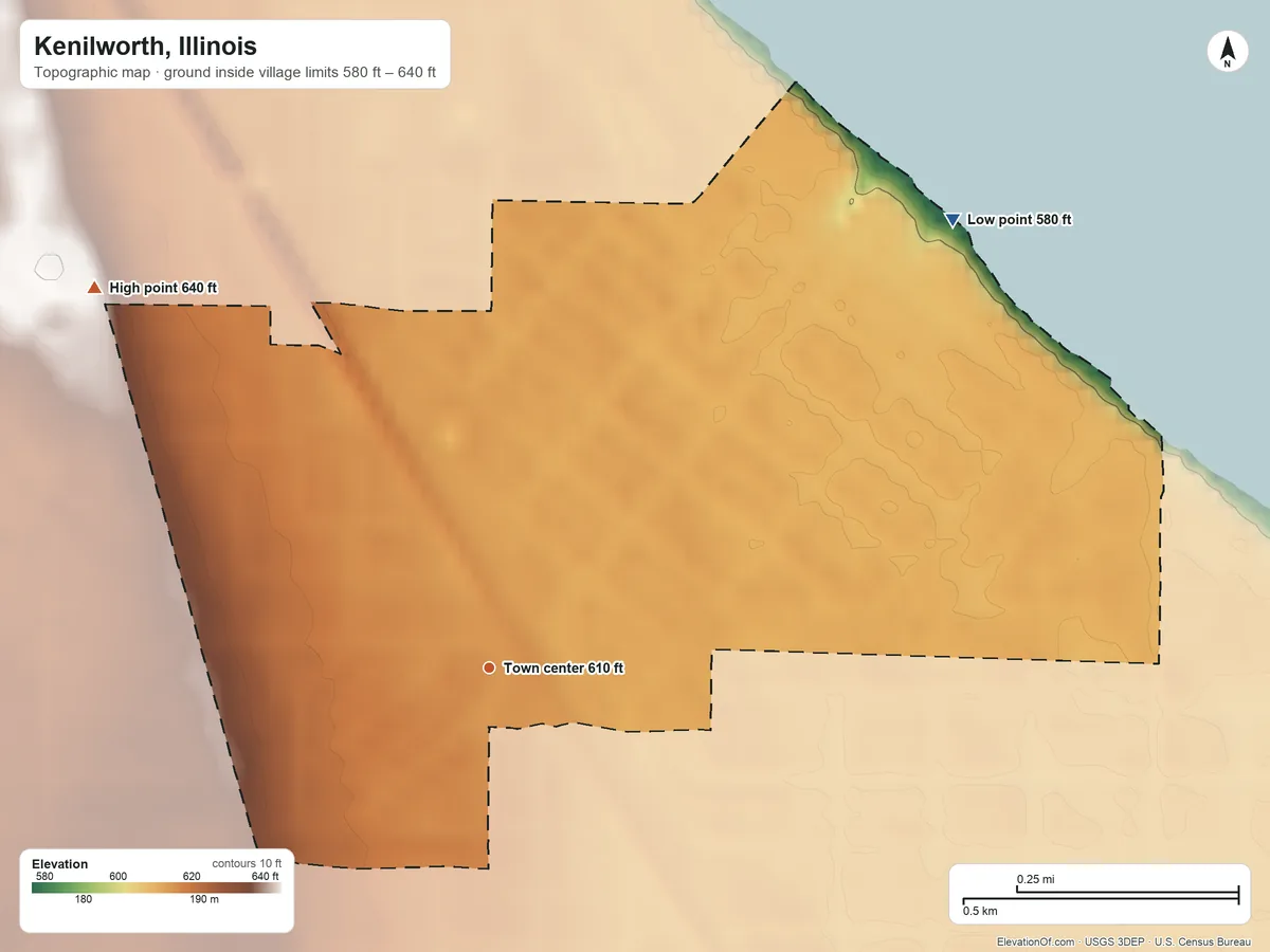 Topographic elevation map of Kenilworth, Illinois, shaded from 580 ft on the northeast side to 640 ft on the northwest side