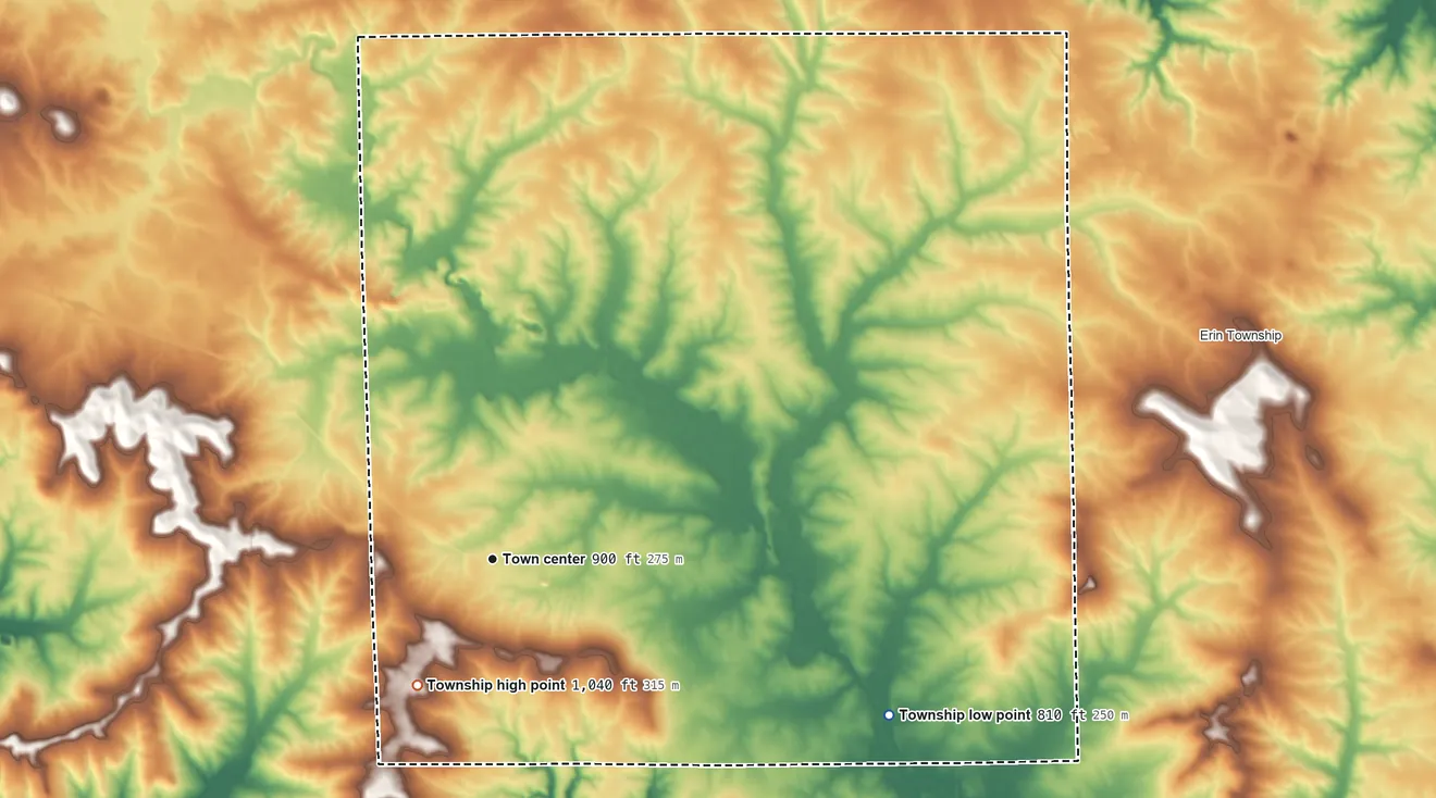 Topographic elevation map of Kent Township, Illinois, shaded from 810 ft on the east side to 1,040 ft on the southwest side