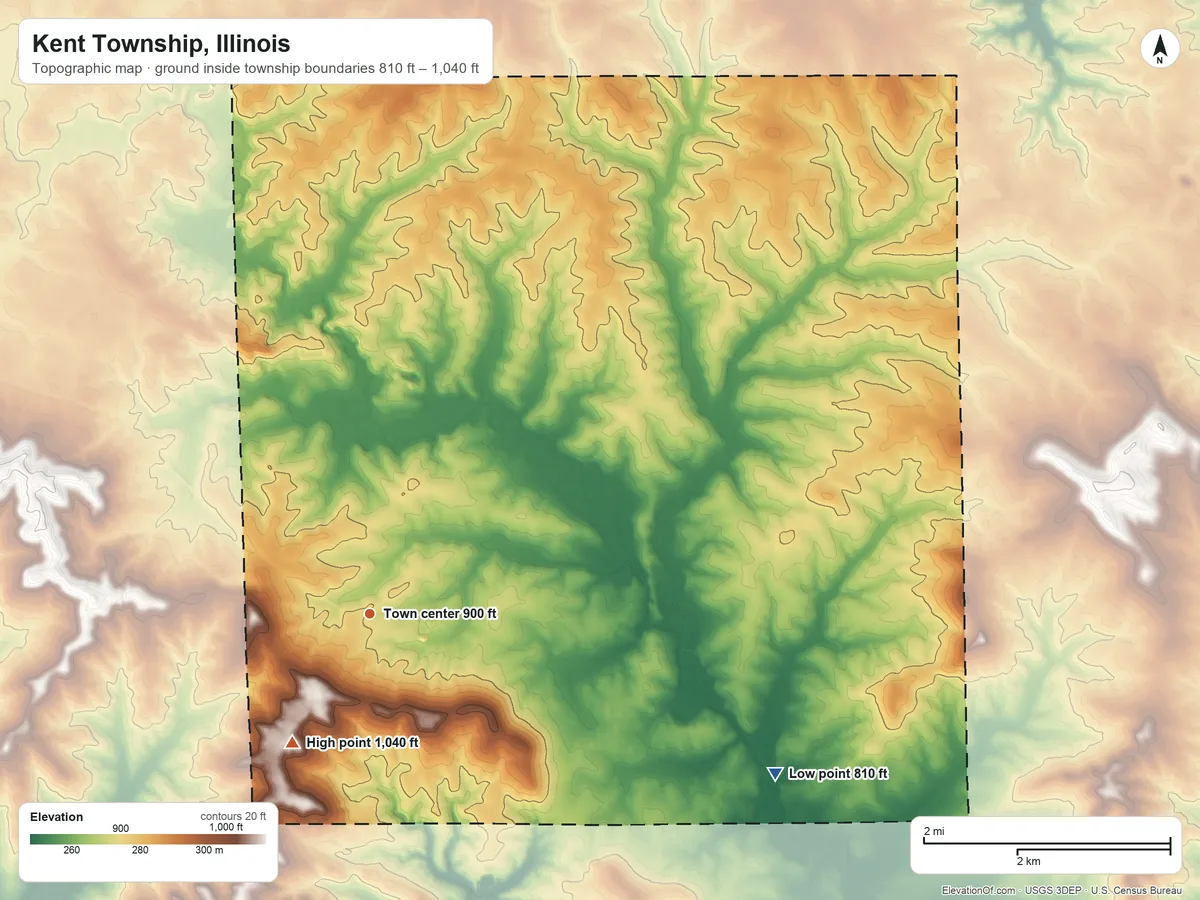 Topographic elevation map of Kent Township, Illinois, shaded from 810 ft on the east side to 1,040 ft on the southwest side