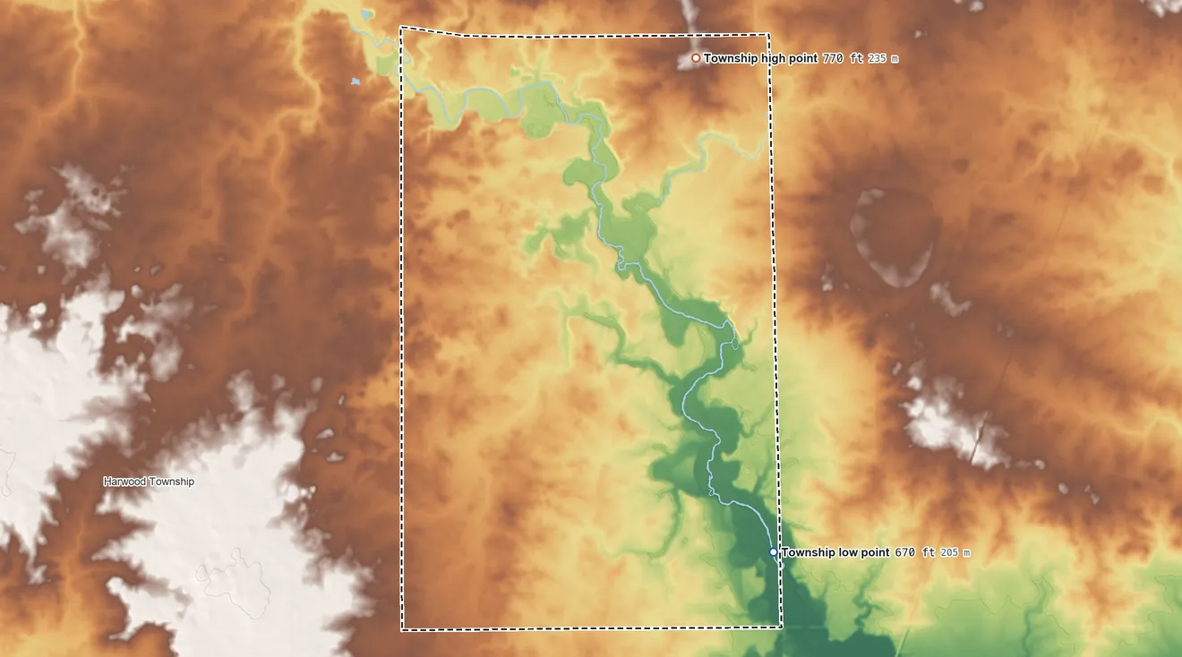 Topographic elevation map of Kerr Township, Illinois, shaded from 670 ft on the southeast side to 770 ft on the north side