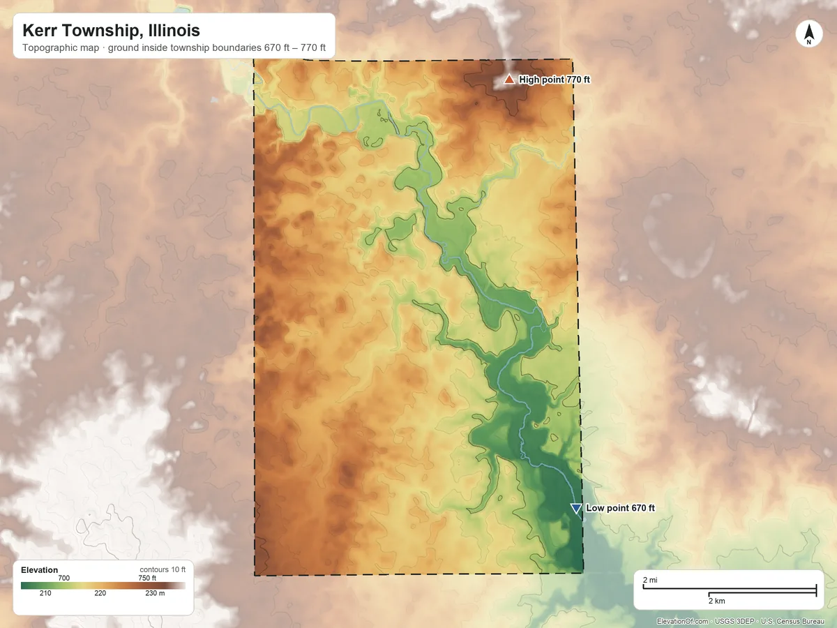 Topographic elevation map of Kerr Township, Illinois, shaded from 670 ft on the southeast side to 770 ft on the north side