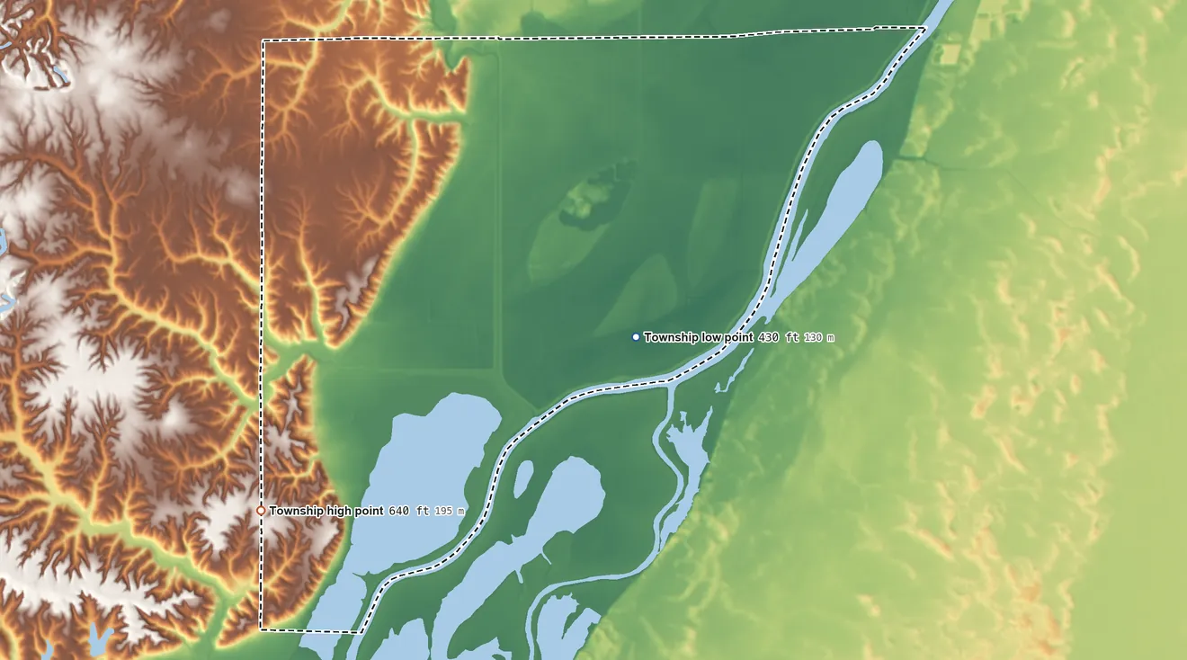 Topographic elevation map of Kerton Township, Illinois, shaded from 430 ft on the east side to 640 ft on the south side