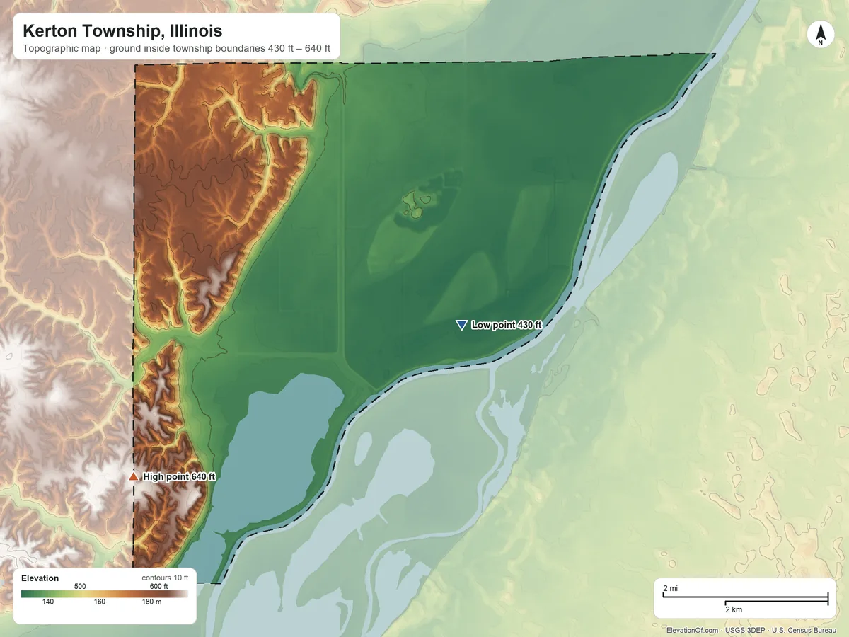 Topographic elevation map of Kerton Township, Illinois, shaded from 430 ft on the east side to 640 ft on the south side