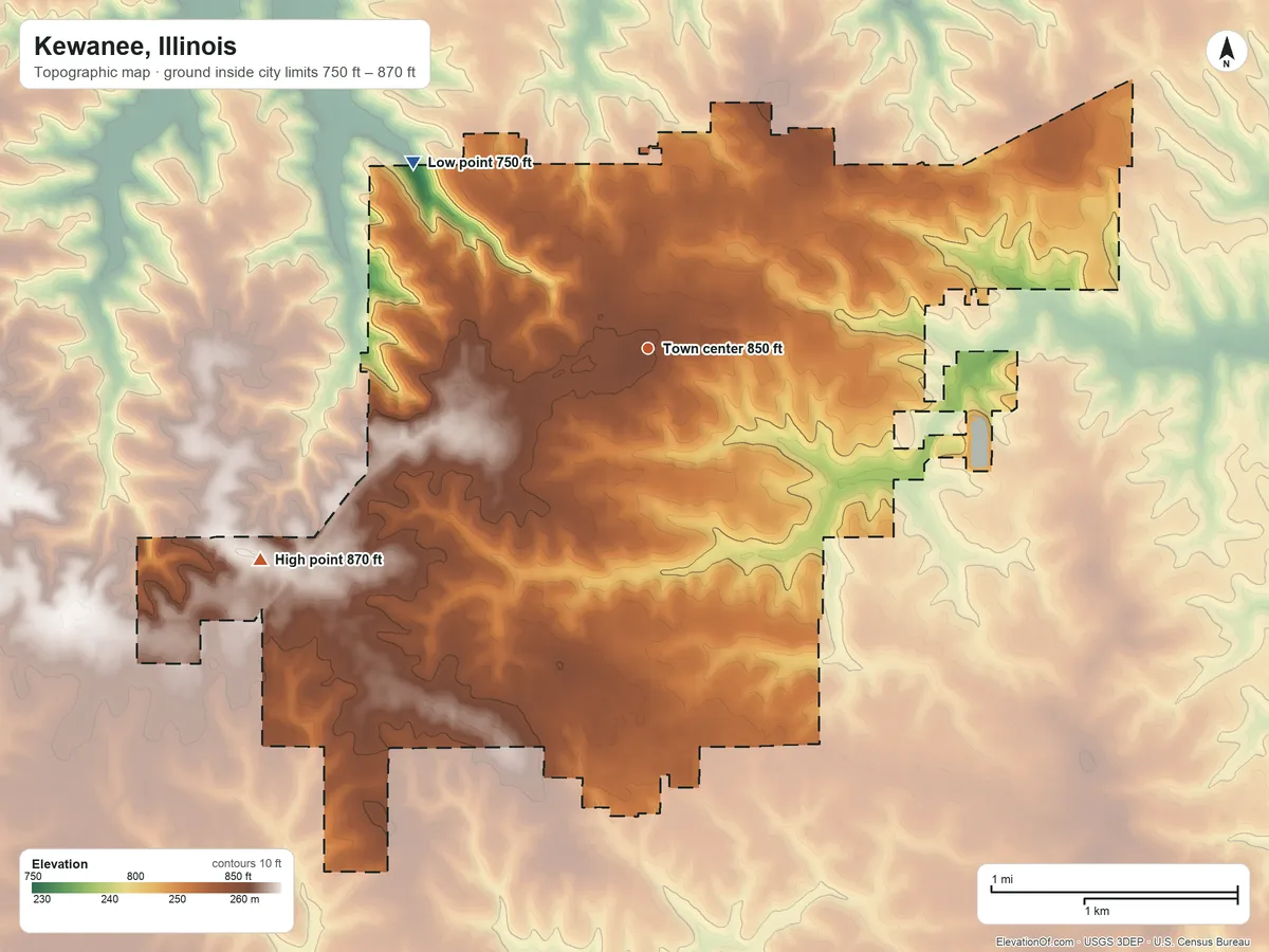 Topographic elevation map of Kewanee, Illinois, shaded from 750 ft on the northwest side to 870 ft on the southwest side