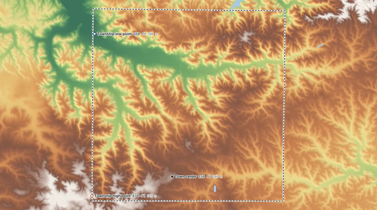 Topographic elevation map of Kewanee Township, Illinois, shaded from 660 ft on the northwest side to 870 ft on the west side
