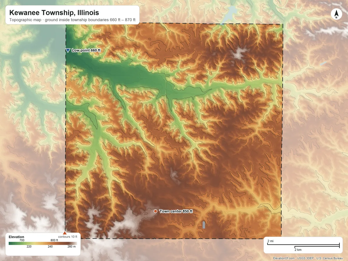 Topographic elevation map of Kewanee Township, Illinois, shaded from 660 ft on the northwest side to 870 ft on the west side