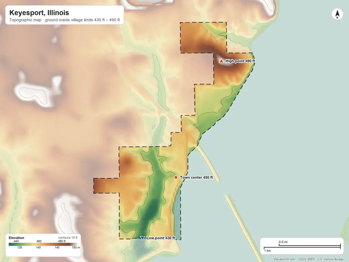 Topographic elevation map of Keyesport, Illinois, shaded from 430 ft on the southwest side to 490 ft on the north side