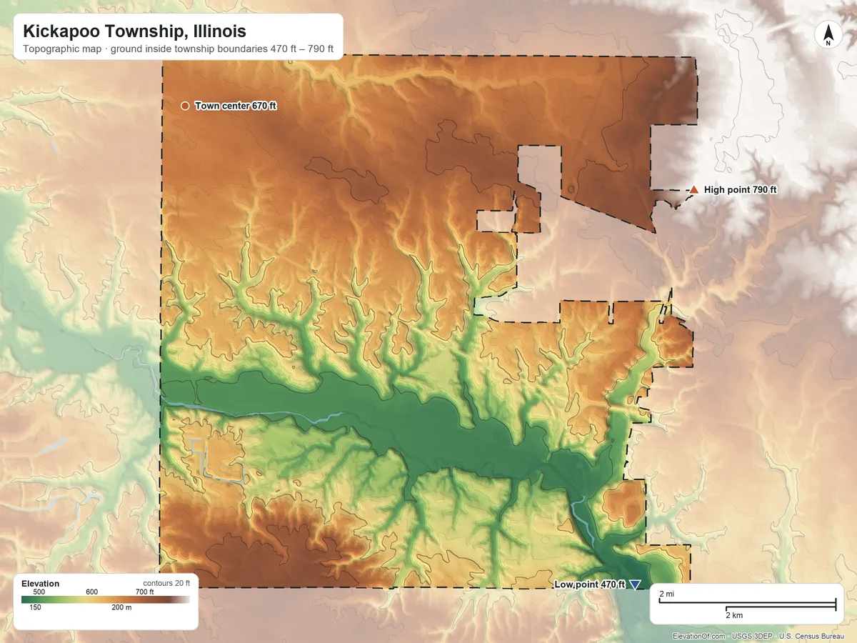 Topographic elevation map of Kickapoo Township, Illinois, shaded from 470 ft on the southeast side to 790 ft on the east side