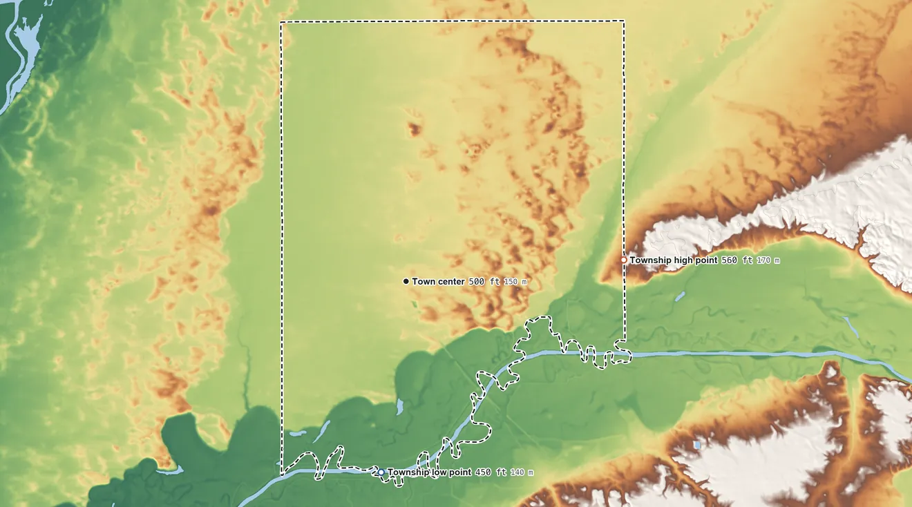 Topographic elevation map of Kilbourne Township, Illinois, shaded from 450 ft on the south side to 560 ft on the east side