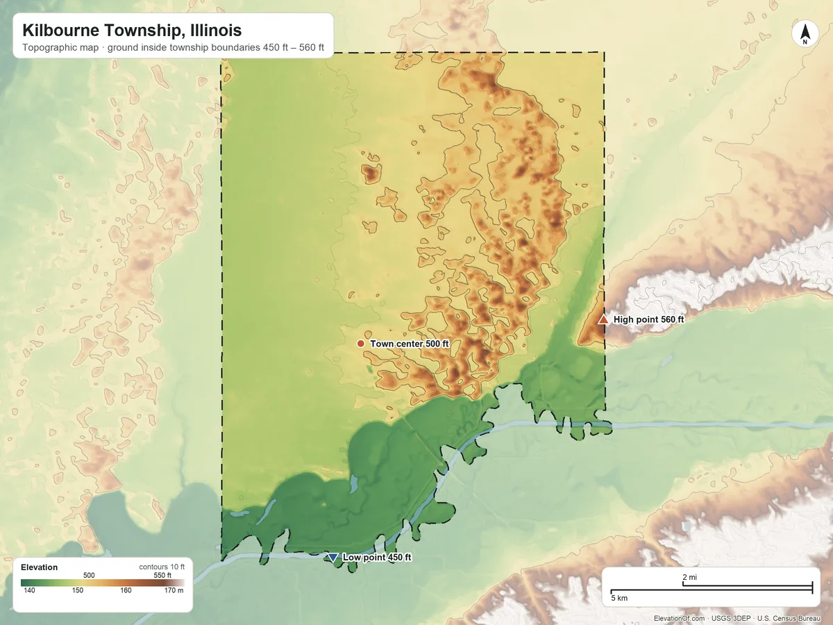 Topographic elevation map of Kilbourne Township, Illinois, shaded from 450 ft on the south side to 560 ft on the east side