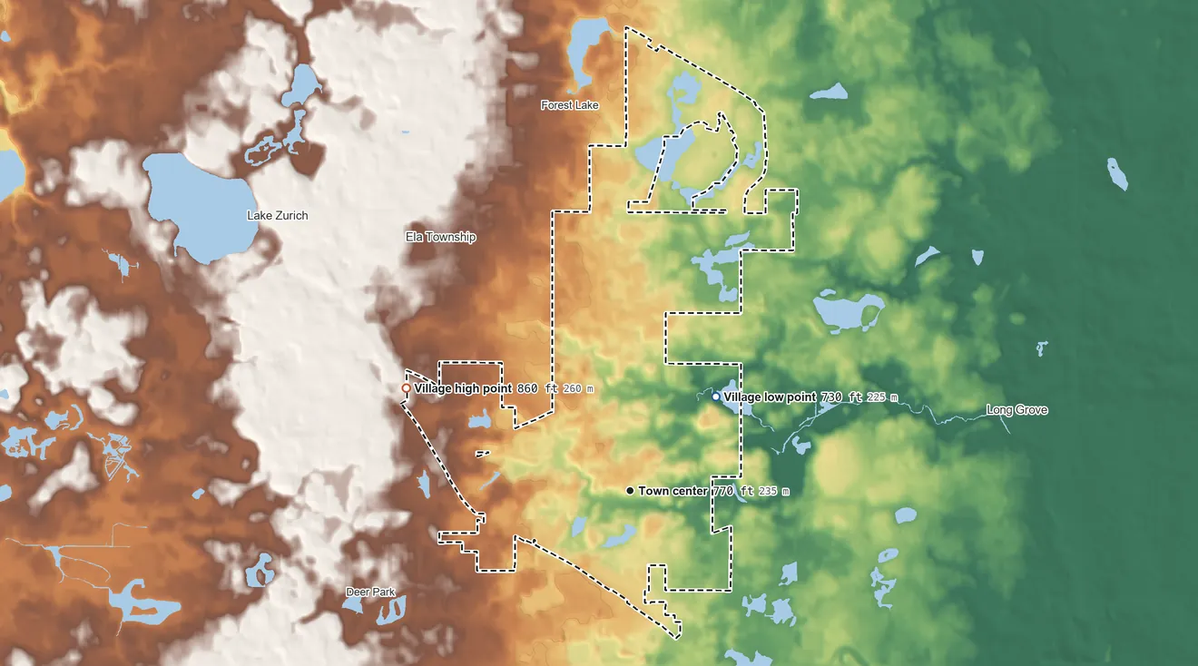Topographic elevation map of Kildeer, Illinois, shaded from 730 ft on the northeast side to 860 ft on the northwest side