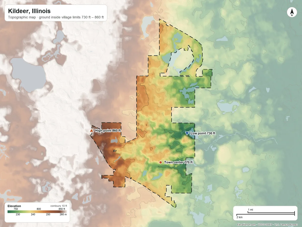 Topographic elevation map of Kildeer, Illinois, shaded from 730 ft on the northeast side to 860 ft on the northwest side