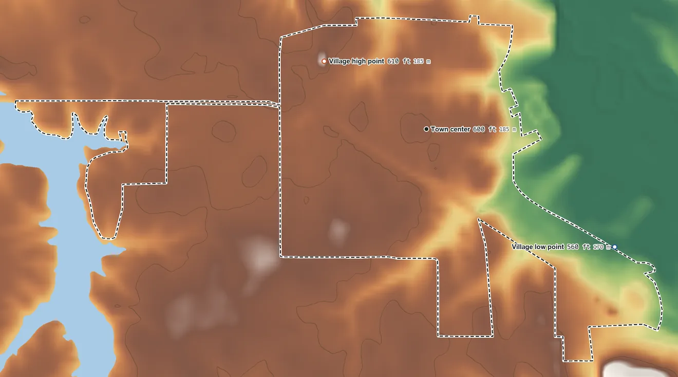 Topographic elevation map of Kincaid, Illinois, shaded from 560 ft on the southeast side to 610 ft on the northwest side