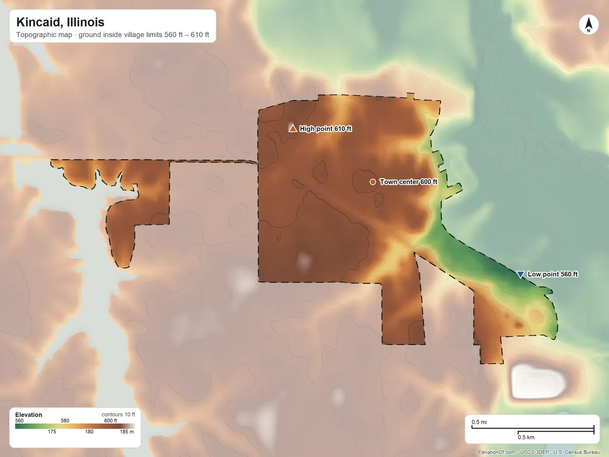 Topographic elevation map of Kincaid, Illinois, shaded from 560 ft on the southeast side to 610 ft on the northwest side