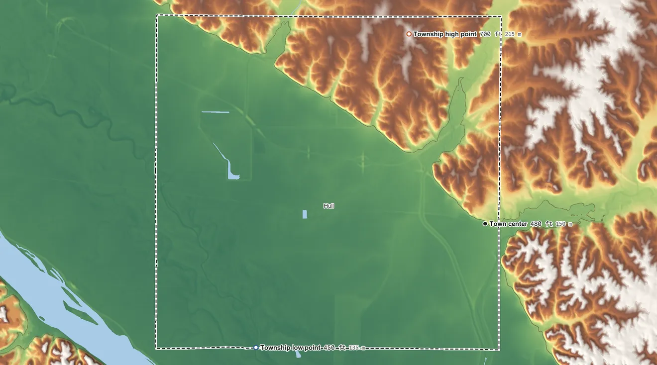 Topographic elevation map of Kinderhook Township, Illinois, shaded from 450 ft on the southwest side to 700 ft on the north side