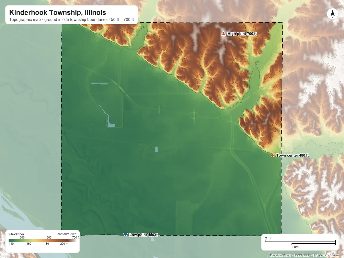 Topographic elevation map of Kinderhook Township, Illinois, shaded from 450 ft on the southwest side to 700 ft on the north side